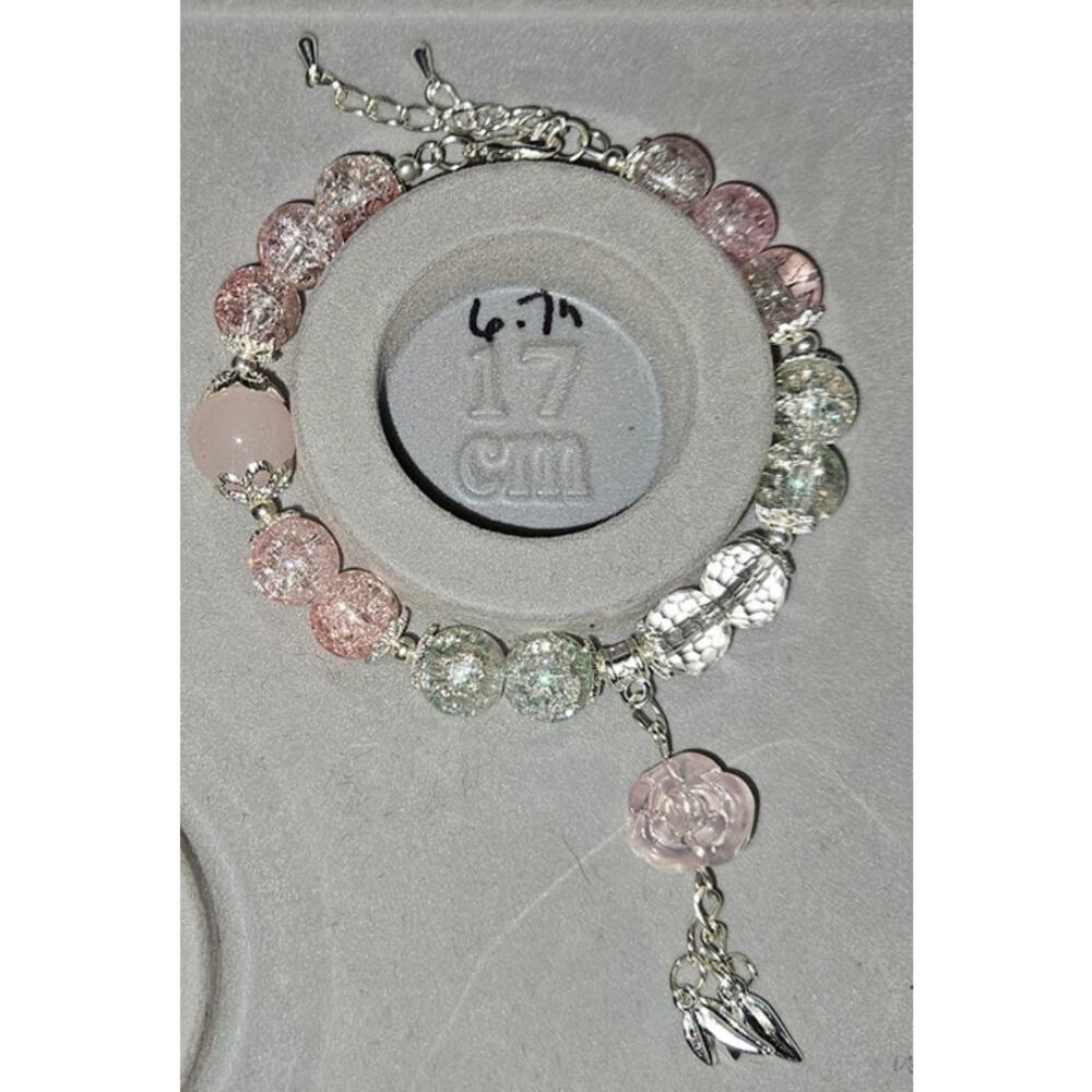 Pink White Wire Bracelet with Rose Dangle #986
